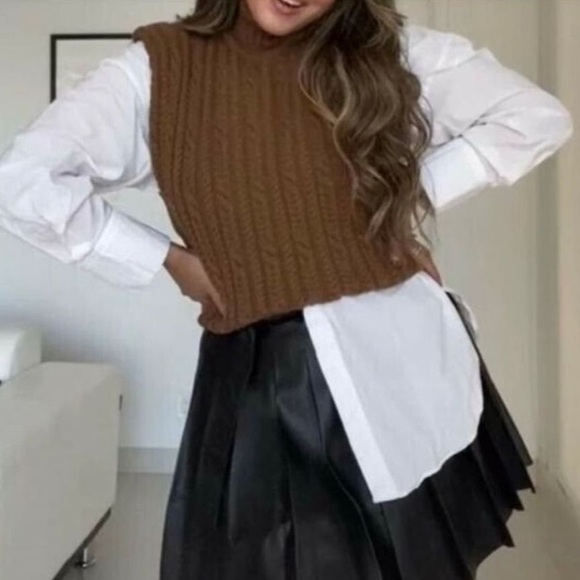 Zara Cable Knit Sleeveless Sweater Vest With High Neck In Cognac Size Large EUC! - Picture 4 of 11